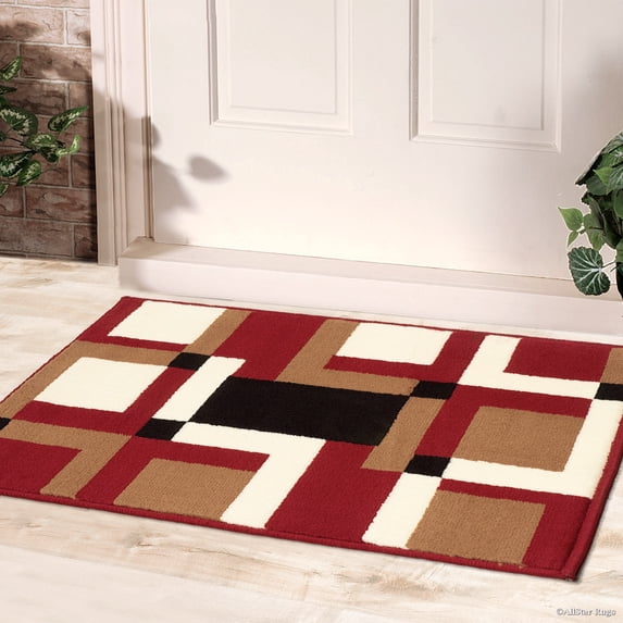 Allstar Red Doormat Accent Rug. Contemporary. Abstract. Traditional. Geometric. Formal. Shapes. Squares (2' 0" x 2' 11")
