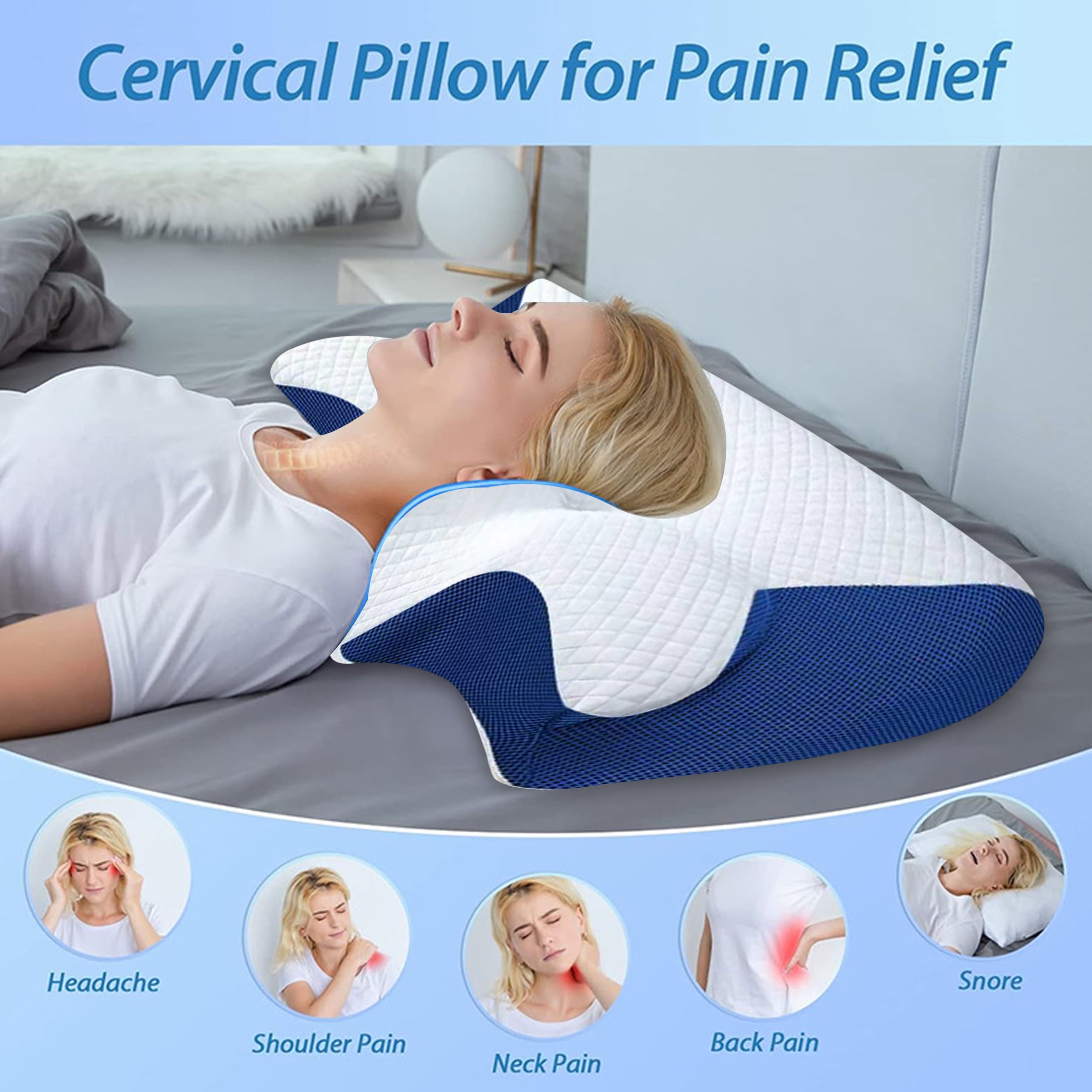 NJWY Butterfly Memory Foam Neck Pillow, Ergonomic Cervical Pillow for Neck Pain Relief, Side Back Stomach Sleeper Support Pillow for Adults (Blue)