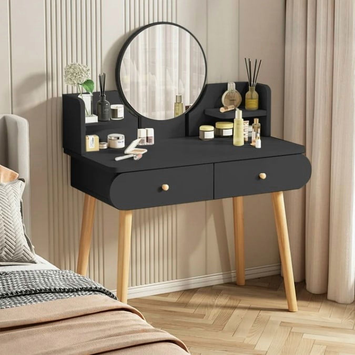 Vanity Desk Set with Mirror, Makeup Table with 2 Drawers, Black