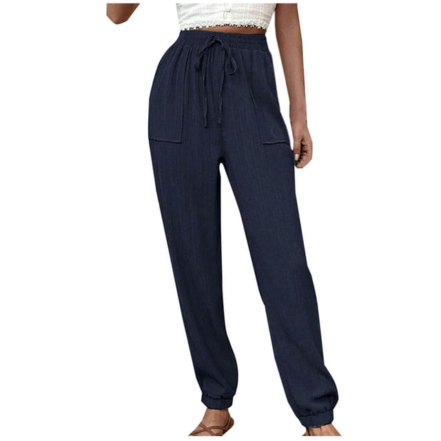 Timegard Lounge Pants for Women Elastic Waisted Drawstring Solid Color Baggy Casual Pants with Pockets