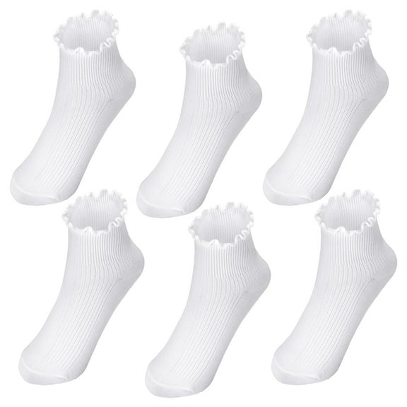 Bocaoying 6 Pairs Women's Ruffle Socks, Turn-Cuff Casual Crew Socks, Super Soft Breathable Ankle Socks, Cotton Frilly Sock for Women Girl(White)