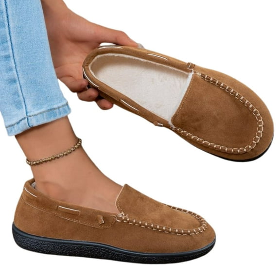 CHICVOMEY Women's Faux Fur Lined Winter Moccasins Slippers Suede Slip-On House Loafers Casual Loafers for Women Indoor & Outdoor