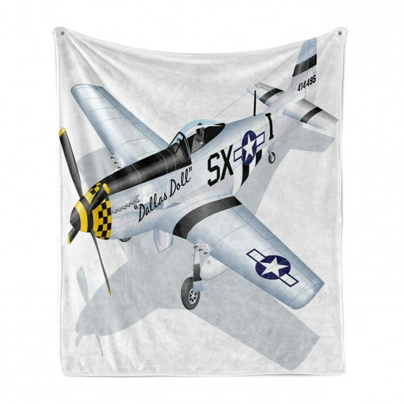 Vintage Airplane Soft Flannel Fleece Throw Blanket, P-51 Dallas Doll Detailed Illustration American Air Force Classic Plane, Cozy Plush for Indoor and Outdoor Use, 50" x 70", Multicolor, by Ambesonne