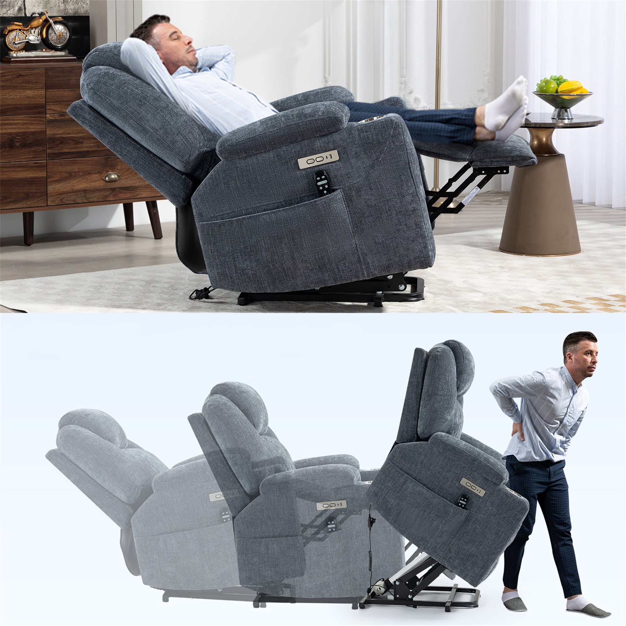 Aukfa Power Lift Recliner Chair with Massage and Heat for Elderly Adults, USB Charge Ports, 2 Cup Holders, Chenille, Blue Gray