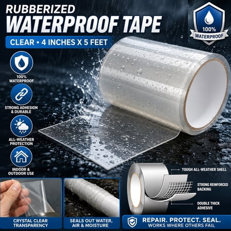 Flex Waterproof Tape Rubberized Waterproof Automotive Tape, 4 inches x 5 Feet, Clear