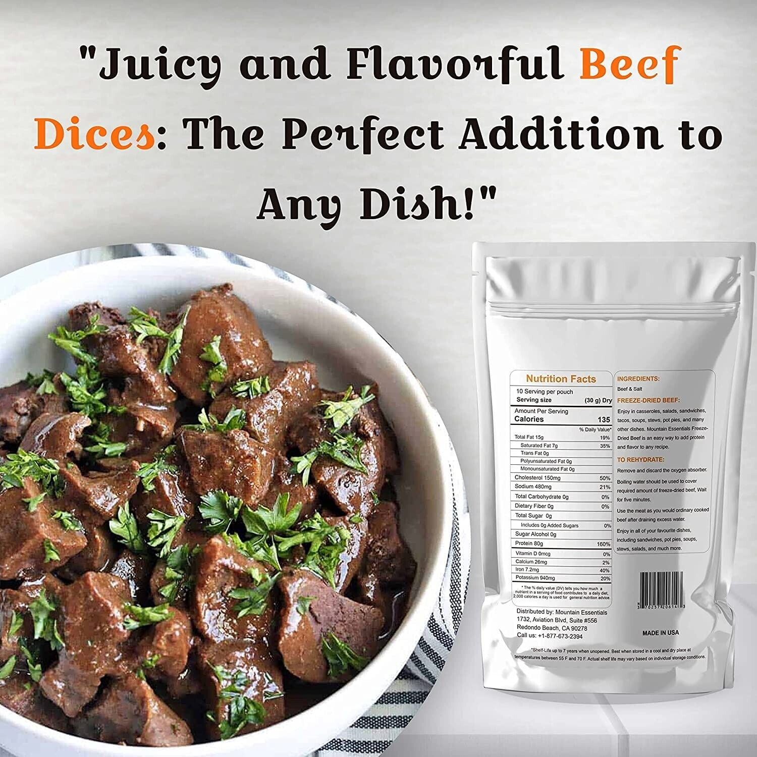 (Pack of 3) Mountain Essentials Freeze Dried Beef Dices Protein Packed Meal (300g Pouches)| Emergency Long Term Supply | Hiking, Backpacking & Camping | Easy Prep Survival Food ✅