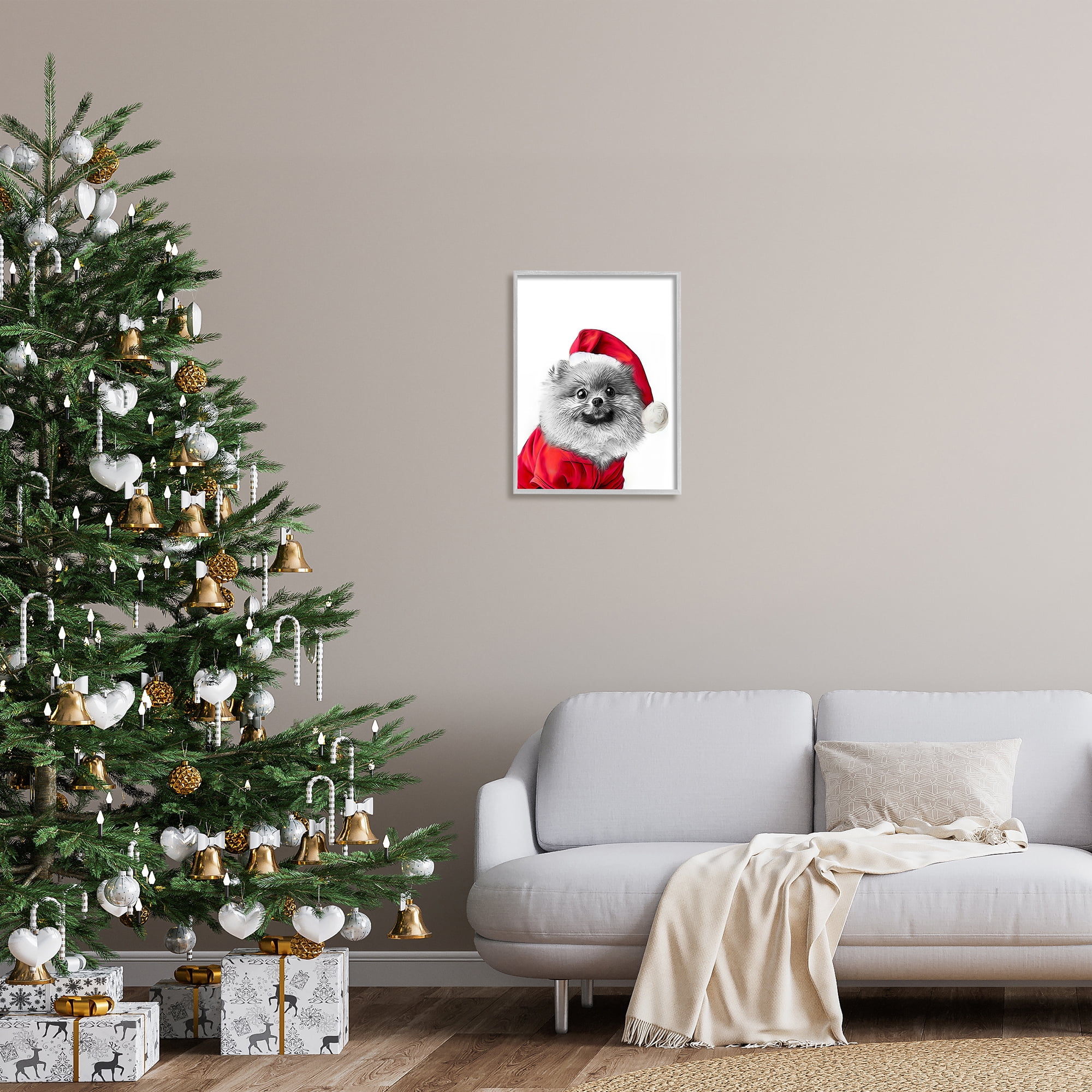 Stupell Industries Pomeranian in Santa Hat Holiday Painting Gray Framed Art Print Wall Art, 16 x 20