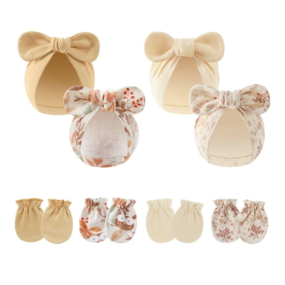 4PCS Newborn Baby Hospital Hats Beanie Bow Infant Caps Cotton Preemie Hats No Scratch Mittens Set for 0-1 Years Old