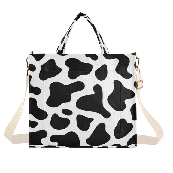 Corduroy Tote Bag for Women Shoulder Handbags Fashion Ladies Purses Satchel Messenger Bags Black and White Cow Print S