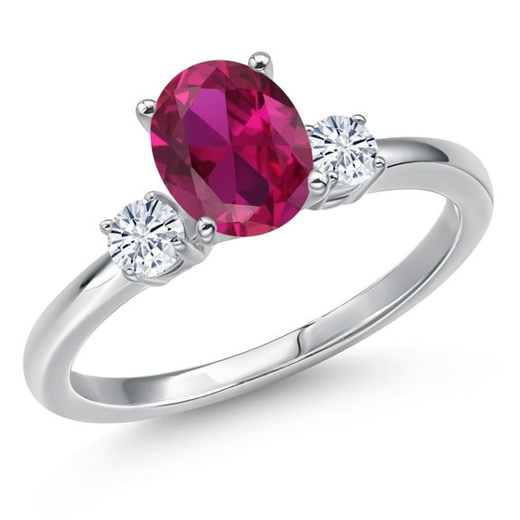 Gem Stone King 14K White Gold Red Created Ruby and White Moissanite Engagement Ring for Women | 1.55 Cttw | Oval 8X6MM | Gemstone July Birthstone | Size 6