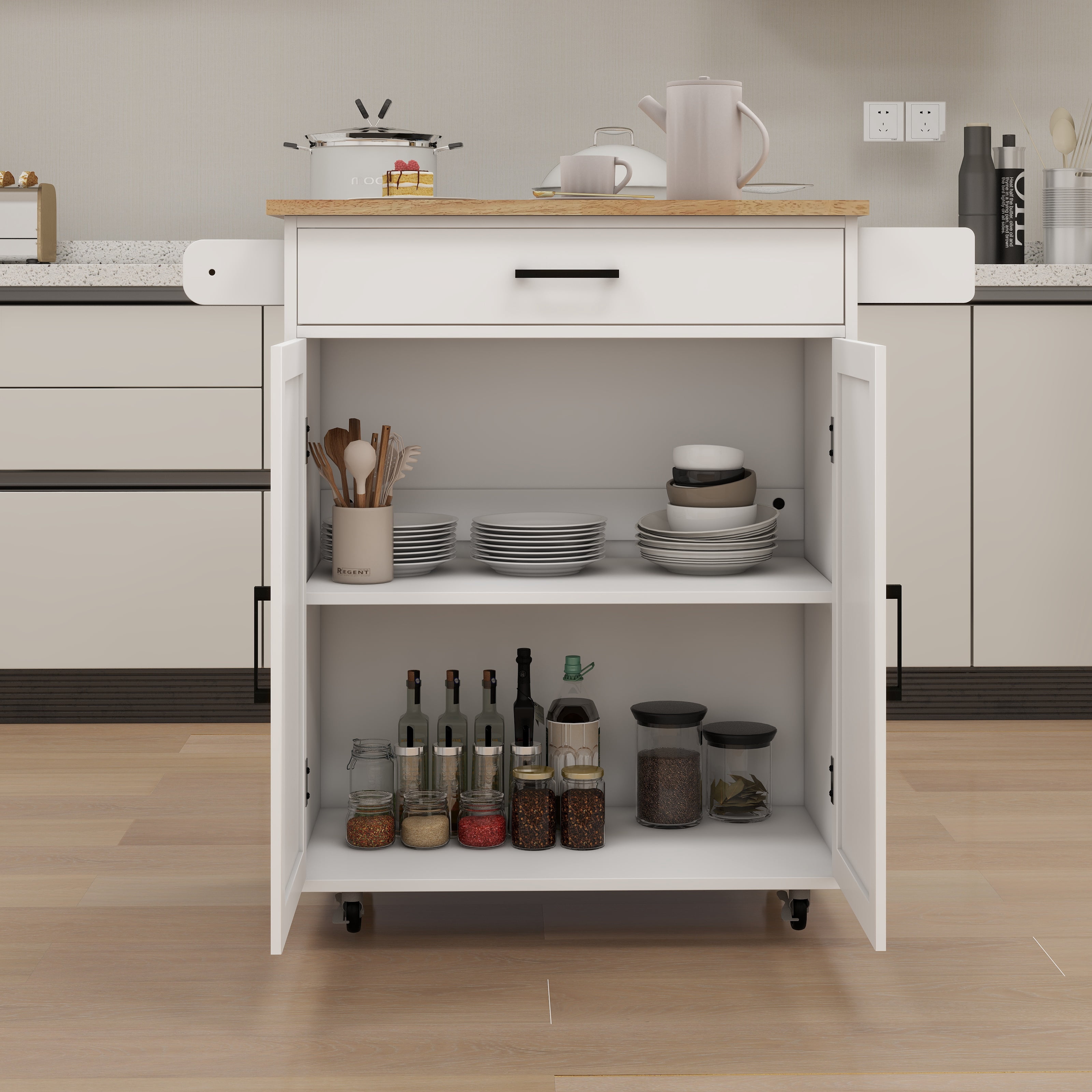 Mintazer Farmhouse Rolling Kitchen Island Cart with Drawer & Adjustable Shelves, Mobile Kitchen Storage Cabinet with 2 Door Cabinet & Towel Rack for Kitchen, White
