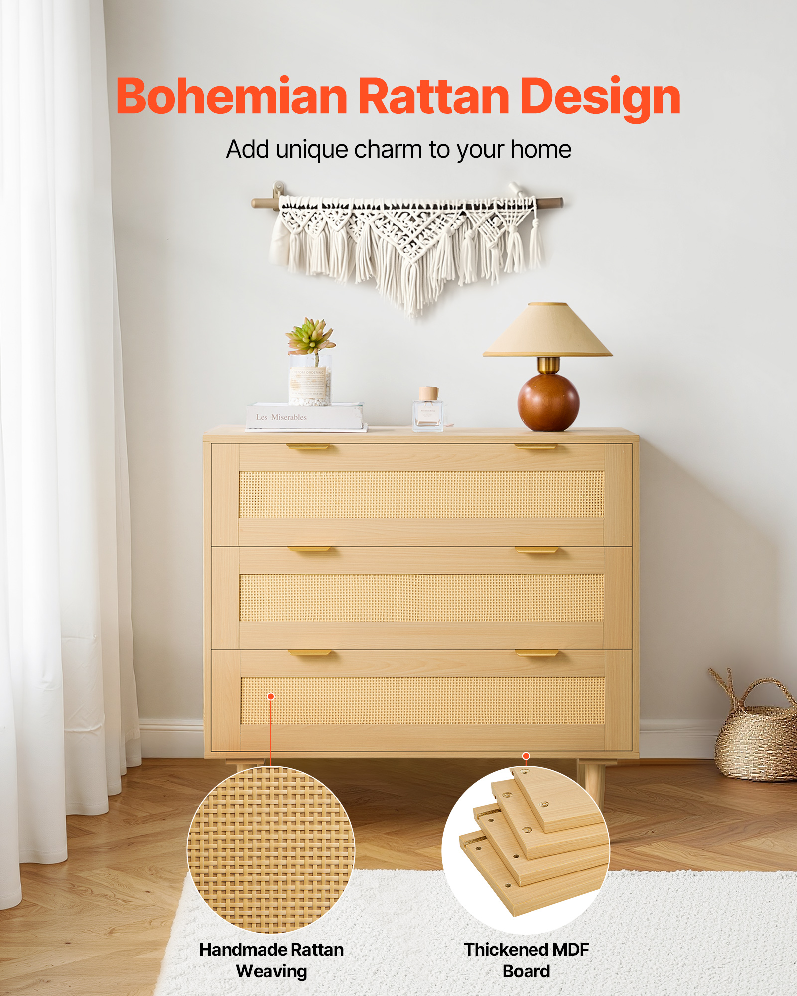 VEVOR 3 Drawer Rattan Dresser, Modern Closet Dresser for Bedroom, Natural Rattan Chest of Drawers with Metal Handles & Wooden Legs, Chest Clothing Organizer & Storage for Bedroom, Living Room