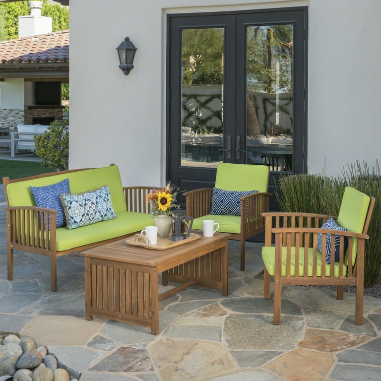 GDF Studio Navan Outdoor Acacia Wood 4 Seater Chat Set with Cushion Light Green and Brown