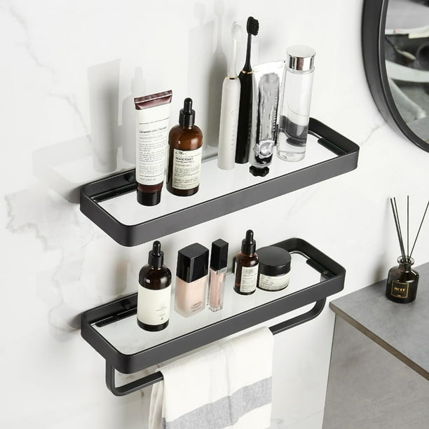 Repisas Flotantes para Baño de Vidrio Templado Negro Mate, 1 Estante, Estilo Minimalista, Resistente al Óxido y Duradera