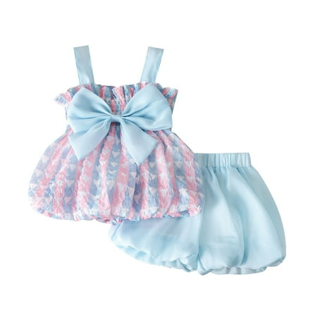 

ZRBYWB Summer Fashion Big Bow Color Striped Suspenders Blue Loose Shorts Girls Clothes Suit Baby Clothes