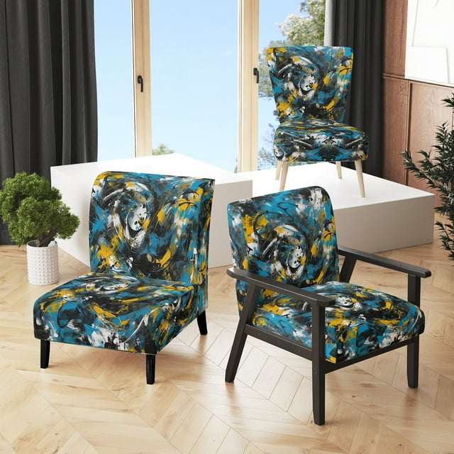 Designart "Abstracted Realms in Blue and Yellow III" Blue Abstract Upholstered Accent Chair - Modern Arm Chair For Bedroom
