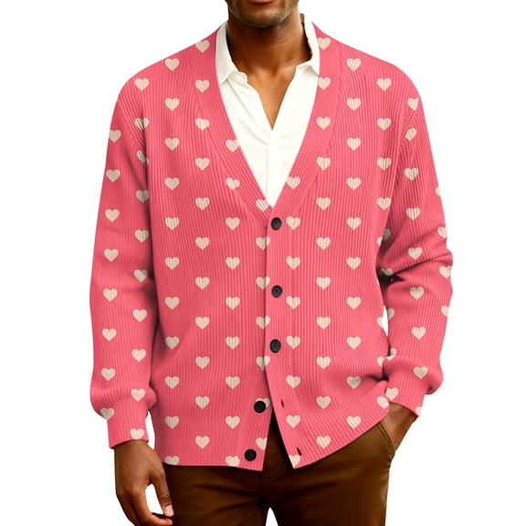 Fgvctg Valentine's Day Sweaters for Men Ribbed Knit Romantic Love Heart Graphic Sweater Long Sleeve Casual Coat Sweet Button Down Vintage Spring Clothes Watermelon Red 4XL