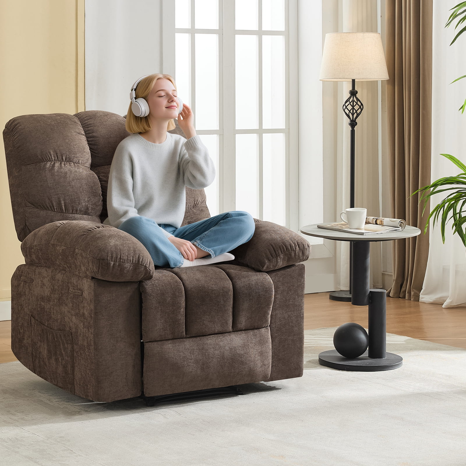 Recliner Chair for Adult, Recliner with Massage&Heating, Manual Recliners, Upholstery Rocking Sofa Chair, Coffee