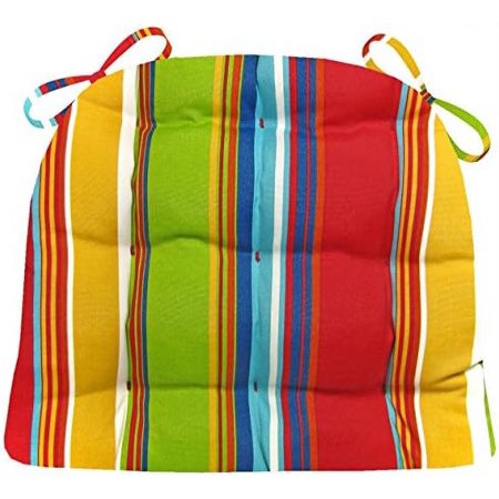 Westport Red Dining Chair Pad With Ties - Size Large - Indoor - Outdoor Fade Resistant Water Repellant - Latex Foam Patio Cushion - (Yellow Aqua Green Blue - Cabana Stripe)