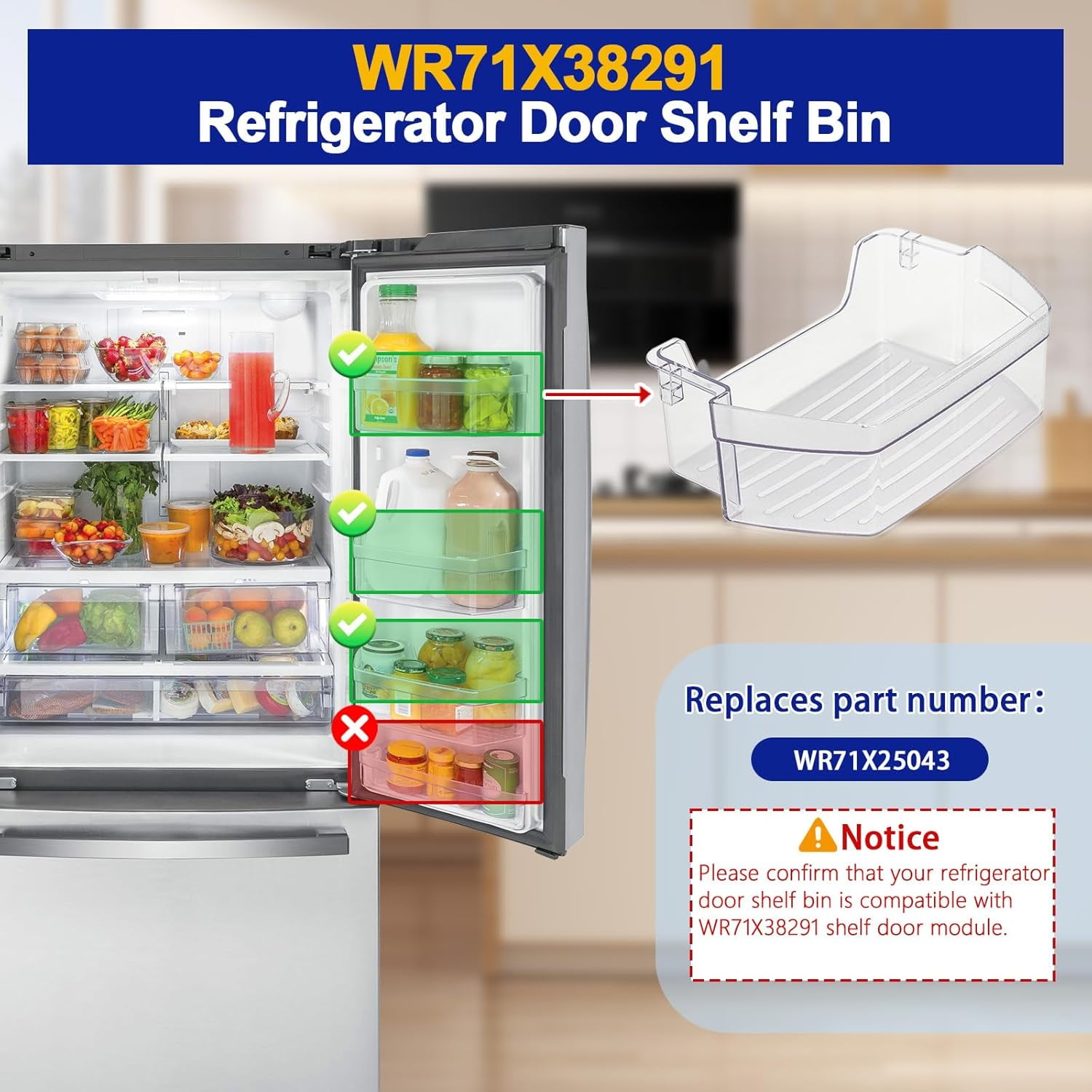 WR71X38291 Refrigerator Door Shelf Bin Compatible with GE GFE24JSKGFSS GYE18JSLKFSS GWE19JSLGFSS, WR71X38291 Refrigerator Shelf Door Module Replace WR71X25043 AP7186348