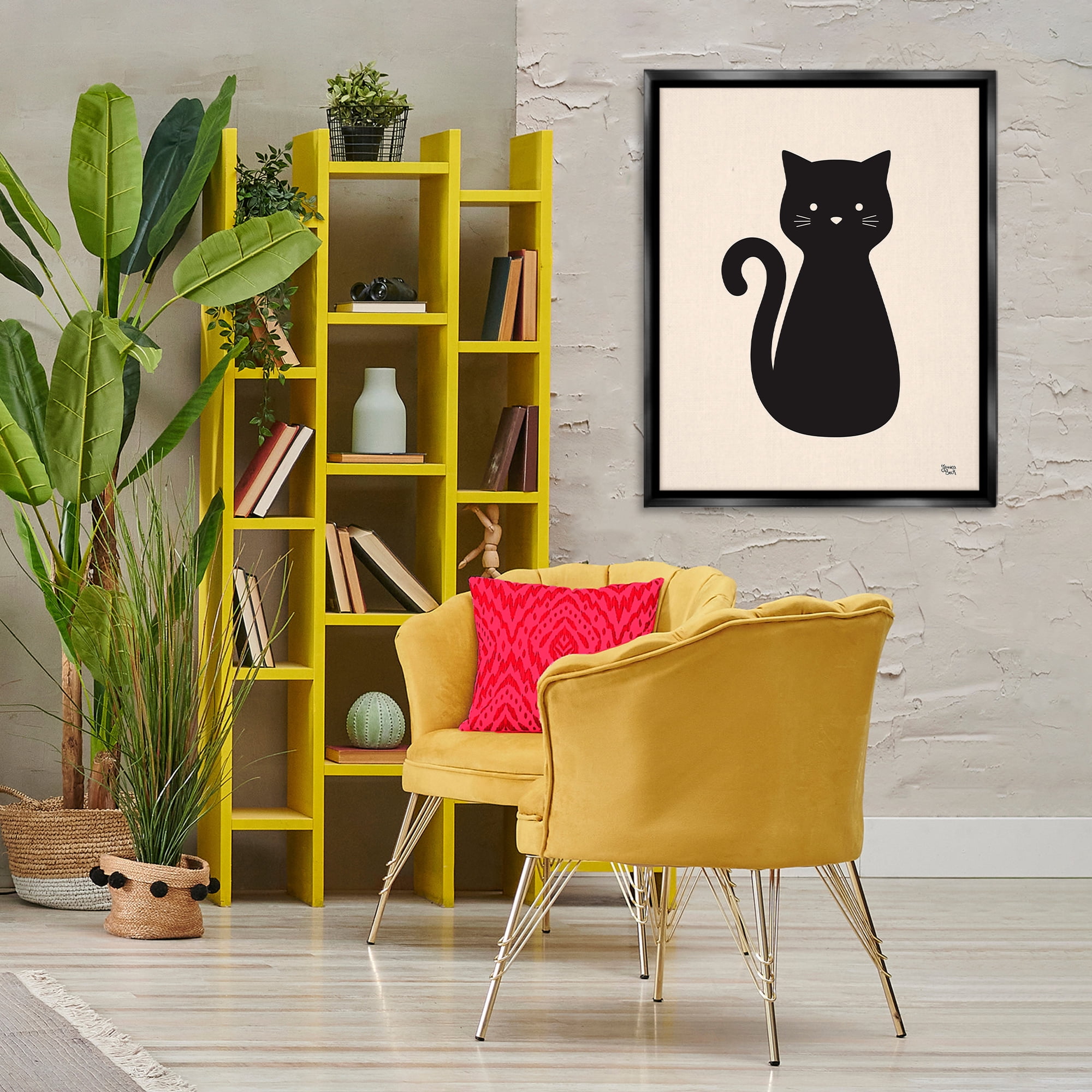 Stupell Industries Feline Grace Black Cat Animals Painting Black Floater Framed Canvas Art Print Wall Art, 25 x 31