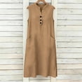 thumbnail image 4 of BRGZLK Womens Summer Linen Maxi Dress Loose Casual Sleeveless Henley Neck Button Up Vacation Beach Sundress with Pockets,Sundress Travel Vacation Outfits Khaki L, 4 of 5