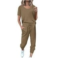 thumbnail image 3 of BiZtdJrK Womens 2 Piece Outfits 2024 Summer Short Sleeve Tops with Drawstring Long Pants Tracksuit Solid Casual Crewneck Shirts and Sweatpant Jogger Lounge Set Ofertas Flash Del Dia Khaki XL, 3 of 6