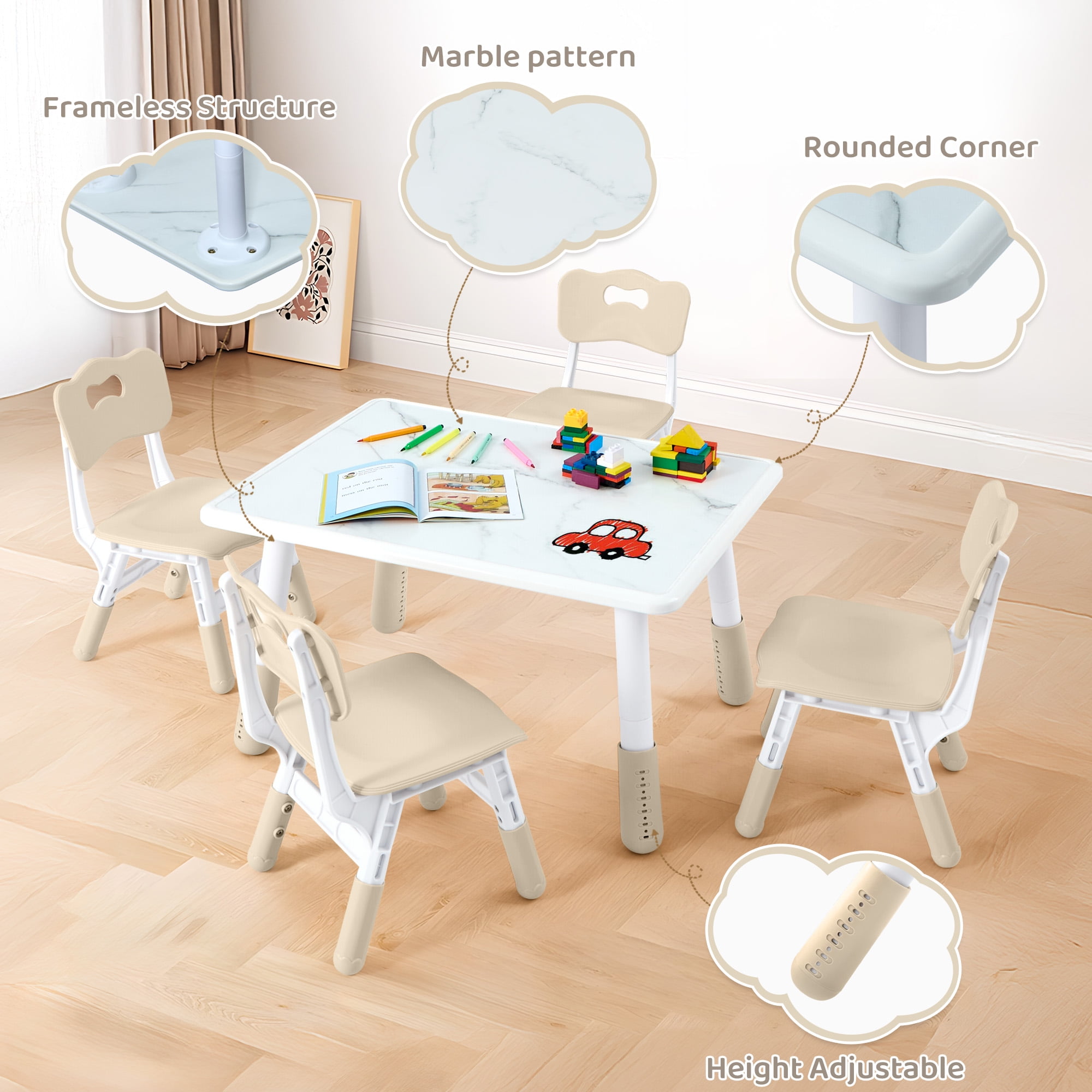Toddler Table and 4 Chairs Set, Height Adjustable Kids Table and Chair Set, 31.5''L x 23.6''W, Marble Pattern & Graffiti Desktop, Children Multi-Activity Table for Home/Daycare/Classroom