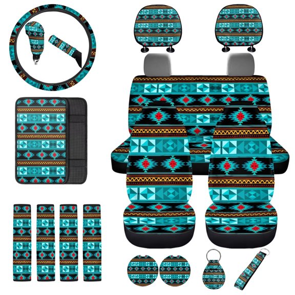 Uorisanigo Aztec Geometric Car Seat Cover Full Set of 18 Pack with Steering Covers Seat Belt Shoulder Pad Center Console Pad Headrest Covers Lever Stick Knob Cover Drink Coasters Key Chains