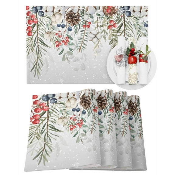 Winter Christmas Placemats Set of 8 Pine Leaves Berries Hazelnuts Cotton Gray Heat Insulation Washable Place Mats, Rustic Non-Slip Table Mats for Dining Table Party Kitchen Decor,13x19 Inch