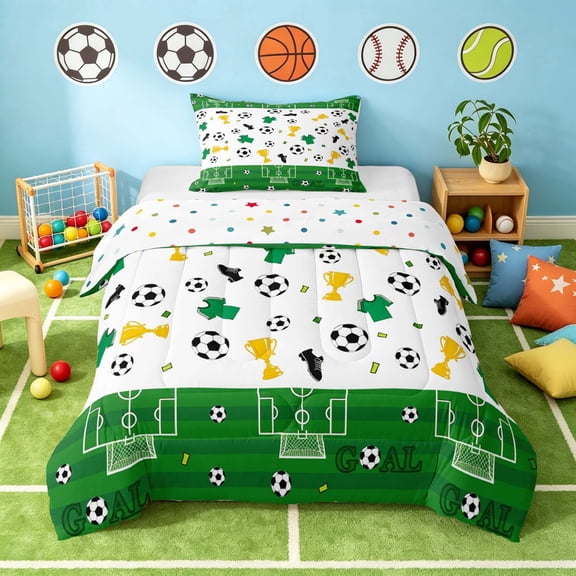 Manfei Soccer Sport Twin Comforter Sets, Football Bedding Set, Green White Gold, Polka Dots Reversible 2pcs 1 Comforter and 1 Pillowcase