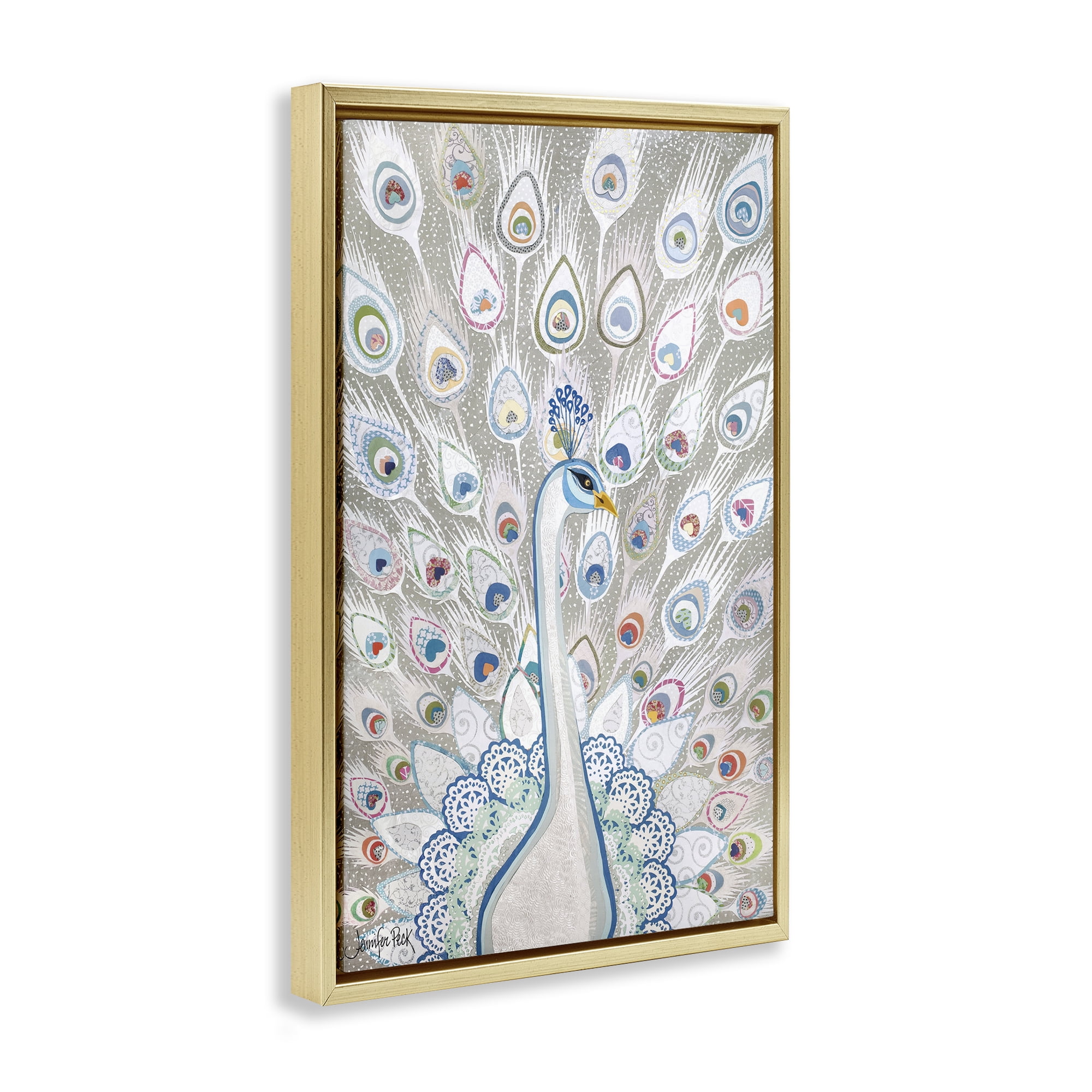 Stupell Industries Neutral Peacock Tail Pattern Animals & Insects Painting Gold Floater Framed Canvas Art Print Wall Art, 17 x 25