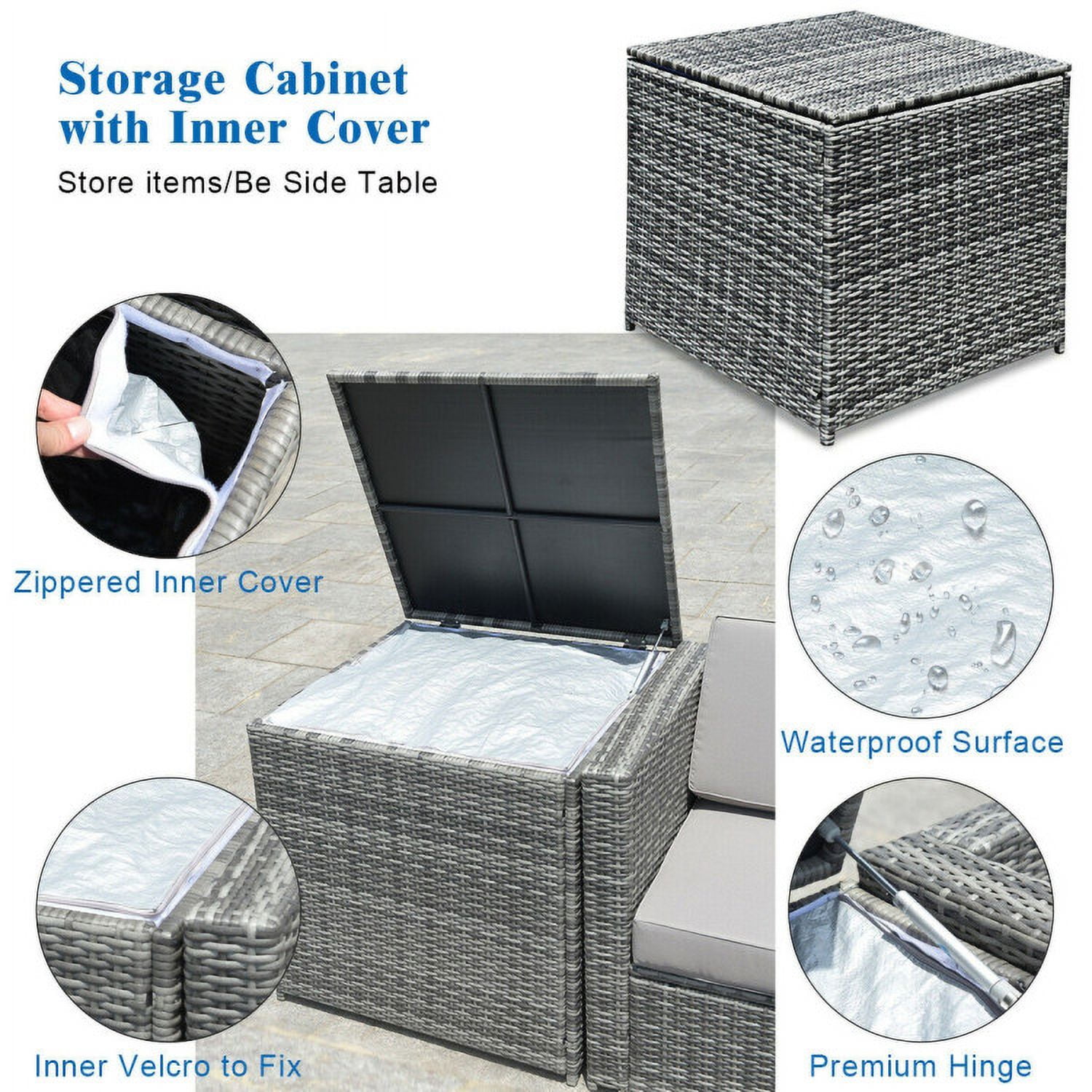 Aimee Lii 8 Piece Wicker Sofa Rattan Dinning Set Patio Furniture with Storage Table, Outdoor Deck Furniture, Navy Aimee Lii 8 Piece Wicker Sofa Rattan Dinning Set Patio Furniture with Storage Table, Outdoor Deck Furniture, Navy