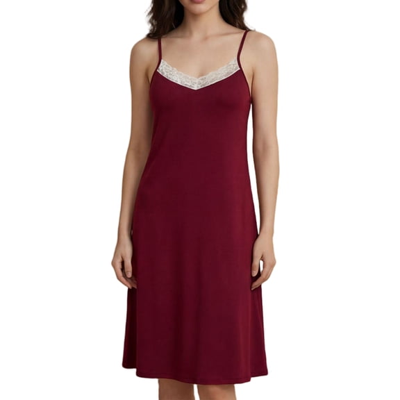Musefolio Women’s Sleeveless V-Neck Cami Nightgown Summer Lace Trim Slim Fit Solid Color Sexy Lingerie Sleepwear Dress S-XL