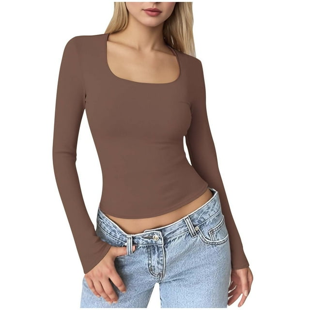 BLVB Womens Square Neck Basic Long Sleeve T Shirt Slim Fit Base Layer Tees Fall Going out Crop Tops Cute Tight Shirts