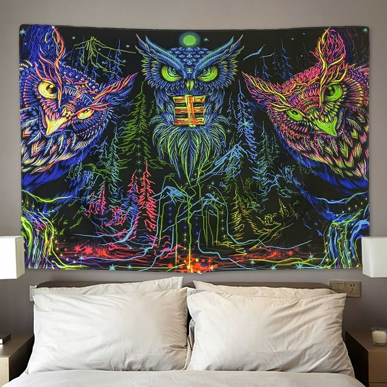 Black Light Psychedelic Owl Tapestry UV Reactive Trippy Forest Line Art Tapestry Wall Hanging for Bedroom Moon Animal Bird Blacklight Tapestry Home