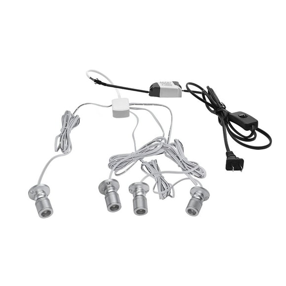 FSLiving 1W LED Mini Spotlight 360°Rotated Plug in Button Cable Silver Lampbody Cool White Light(6000K) for Accent Lighting Cartoon Jewelry Showcase Cabinet Lego Model - 1 Set with 4 Spotlights