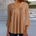 thumbnail image 2 of Jalioing 3/4 Sleeve for Women Crewneck Blouse Button V Neck Solid Color Ruffle Flare Sleeve Slim Shirts (Large, Khaki), 2 of 7