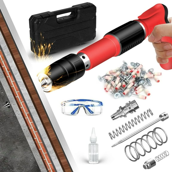 Concrete Mini Nail Gun Kit With 100pcs Nails, 5 Speed Adjustable Manual Steel Gun, Portable Wall Shooting Machine, Fastening Tool, Wall Anchor Wire Slotting Device for Household Woodworking, Red