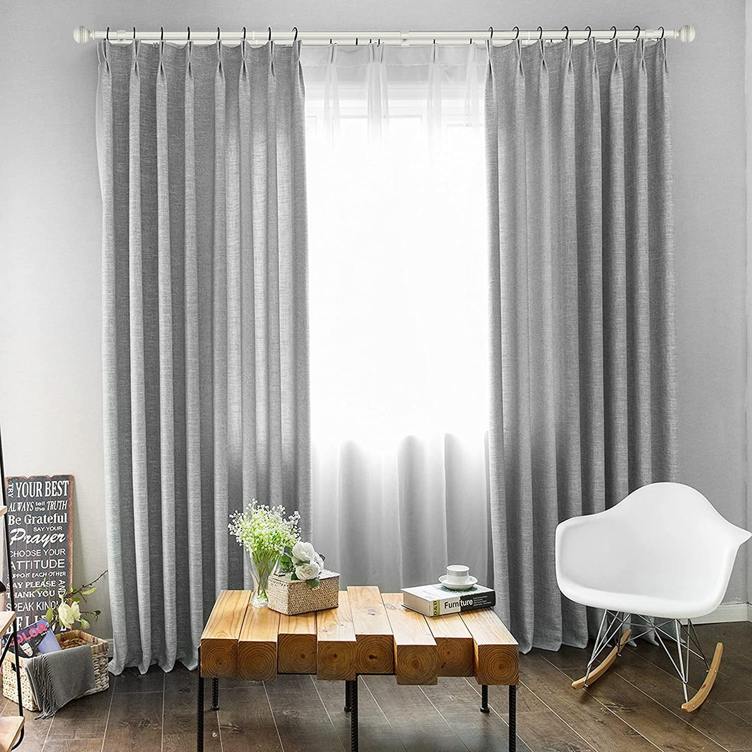 eTeckram 1" Double Curtain Rod with Sable Finials and holdbacks (84" to 120", Weathered white)