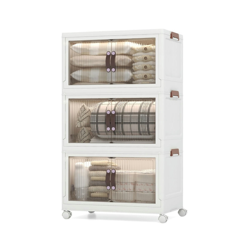 Finihen Storage Bins, 25.5/60 Gal 3-Tier Stackable Storage Boxes Bins with Magnetic Doors and Lockable Casters-M, for Living Room, Bedroom, Entryway, White