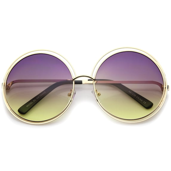 sunglassLA Unisex Oversize Wire Frame Gradient Two-Tone Color Lens Round Sunglasses (Gold / Purple-Yellow) - 62mm