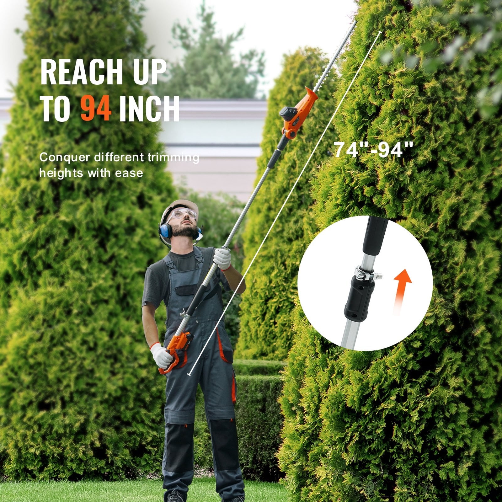 20V Cordless Pole Hedge Trimmer, 18" Dual-Action Blade, 74–94" Telescoping Reach, 1200RPM Motor, Battery & Fast Charger Included, Adjustable Head for Tall Shrubs & High Branches