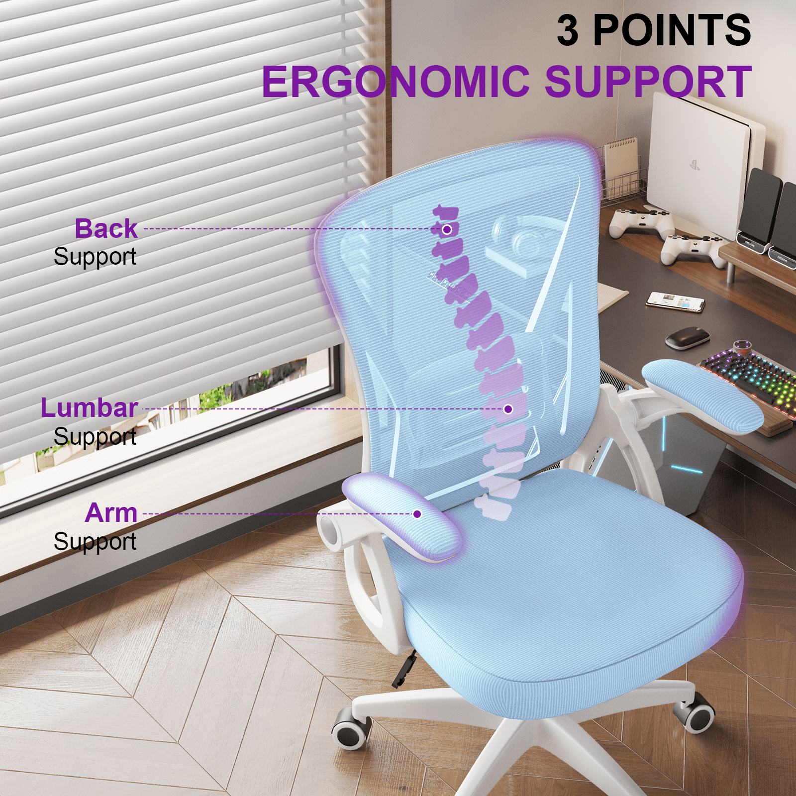Biggzia Ergonomic Office Chair, Mid-Back Computer Chair with Adjustable Height, Flip-Up Arms and Lumbar Support, Mesh Desk Chair, Blue