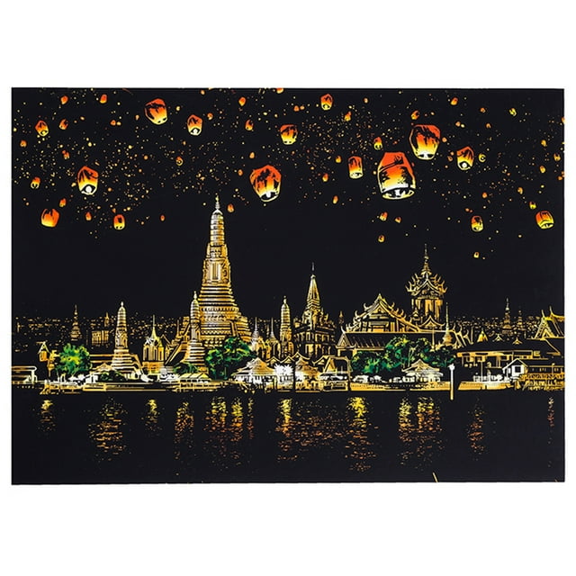 Coofit Scratch Paper Creative Magic Scratch Art Scratch Painting Scratchboard with a multicolor Chiang Mai of Thailand landscape design. This art supply measures 41 x 28.7 cm (16.14 x 11.30 in) and includes a bamboo stick for scratch painting. Perfect for kids to develop painting skills and hand-eye coordination.