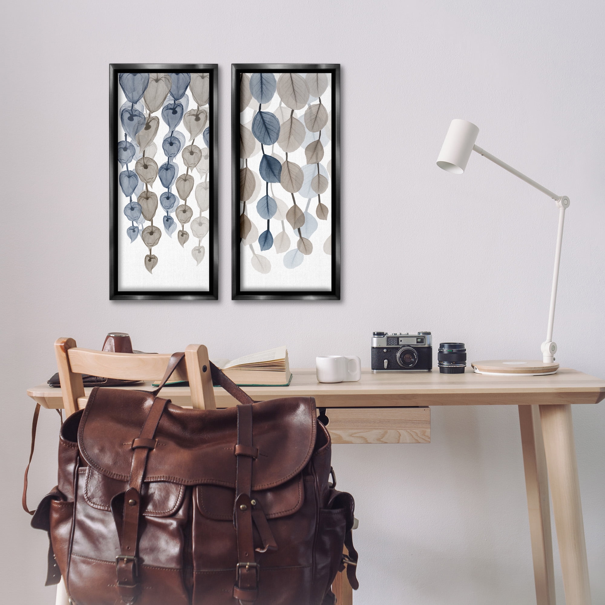 Stupell Industries Neutral Opaque Cascading Leaves Abstract Painting Black Floater Framed Canvas Art Print Wall Art, 11 x 25, Set of 2