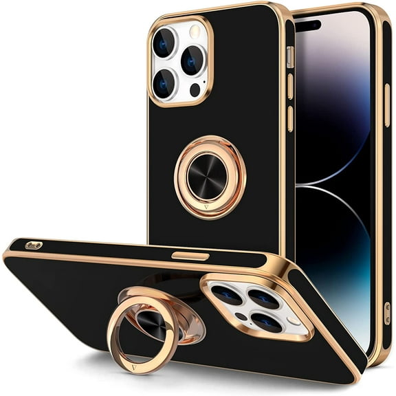 Case for iPhone 14 Pro Max Case with Ring Stand [360° Rotatable Ring Holder Magnetic Kickstand] [Support Car Mount] Plated Gold Edge Slim Soft TPU Luxury Protective Phone Case Cover, Black