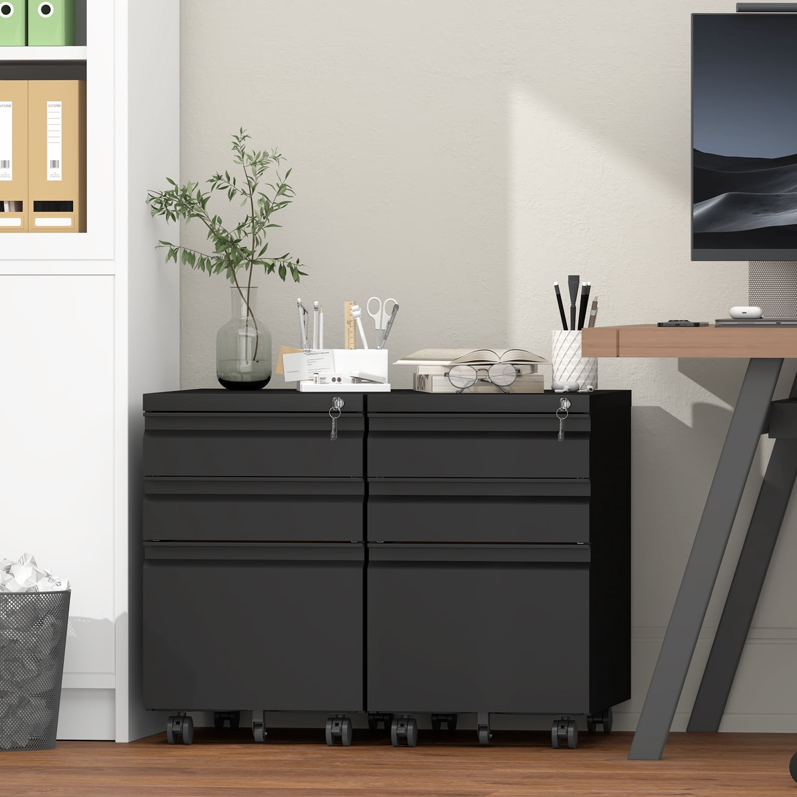 Marcree 3 Drawer File Cabinet with Lock, Black Mobile File Cabinets for Home Office,Under Desk Small Filing Cabinet, Rolling File Cabinets for A4/Letter/Legal, Fully assembled