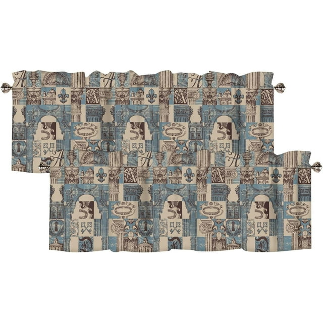 Vintage Pattern Curtain Valance for Windows Rod Pocket Drape Valence Window Treatments 2 Panels Short Curtains for Kitchen Windows Bathroom Bedroom,54 x 18 Inch