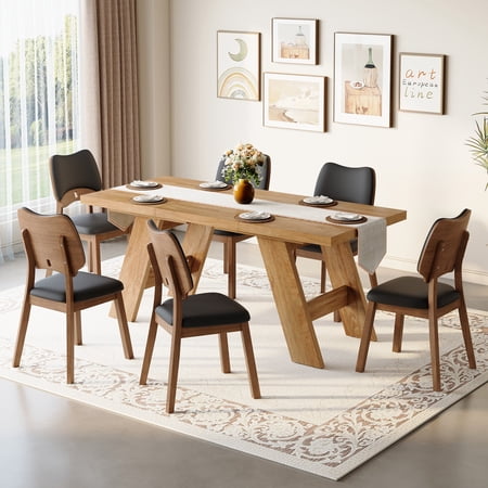 FFZ 6-Piece Dining Table Set with Solid Wood Chairs and PU Upholstery Black+Walnut